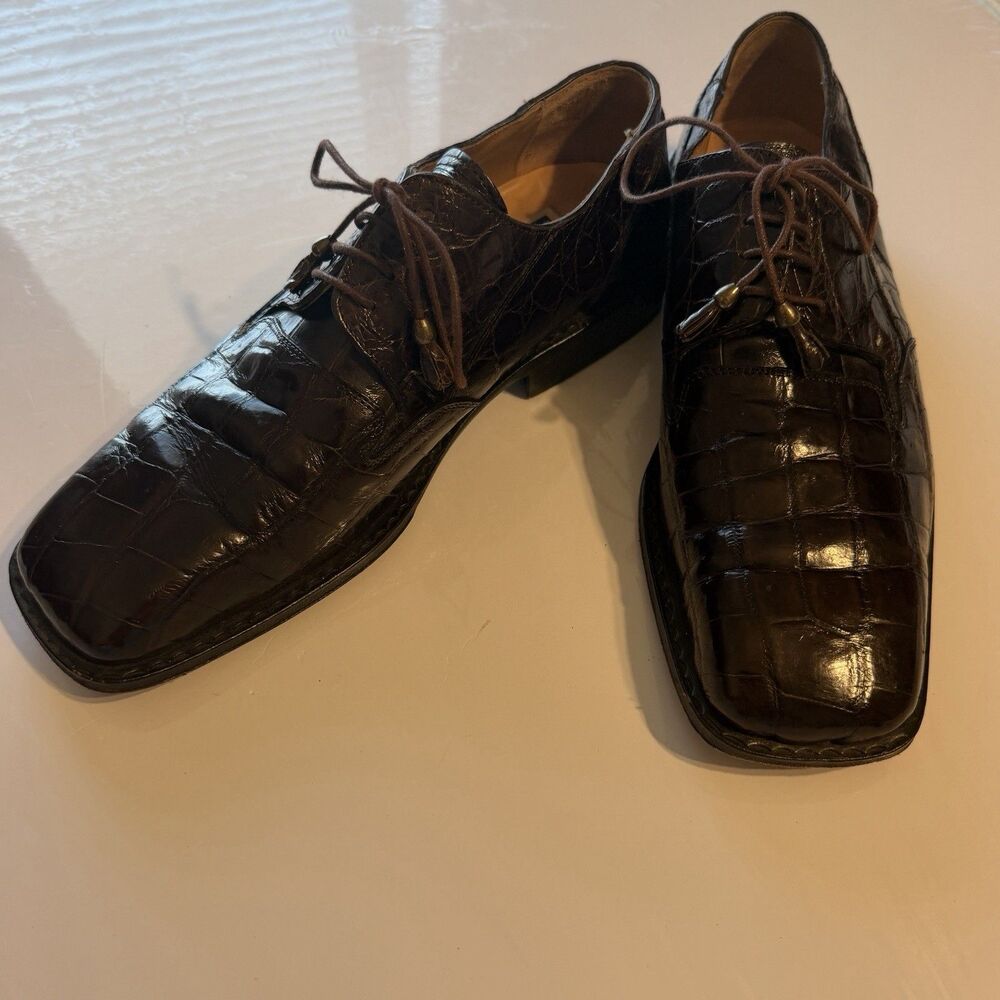 David Eden Dress Shoe Men's Size 9.5 Brown Crocodile Alligator Oxford Square Toe